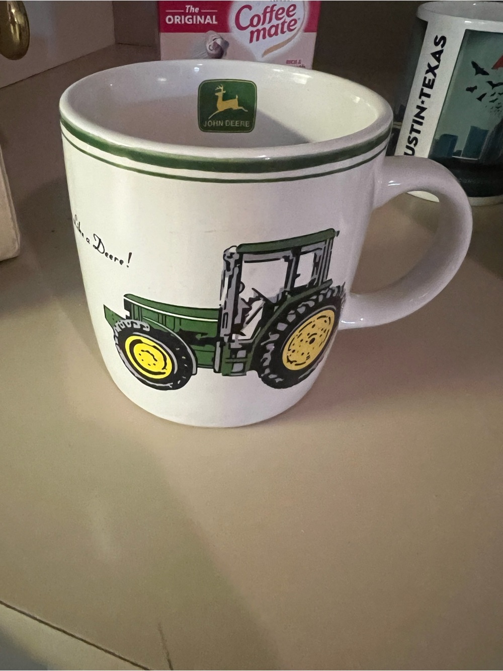 John Deere White Mug with Green and Yellow Tractor Art